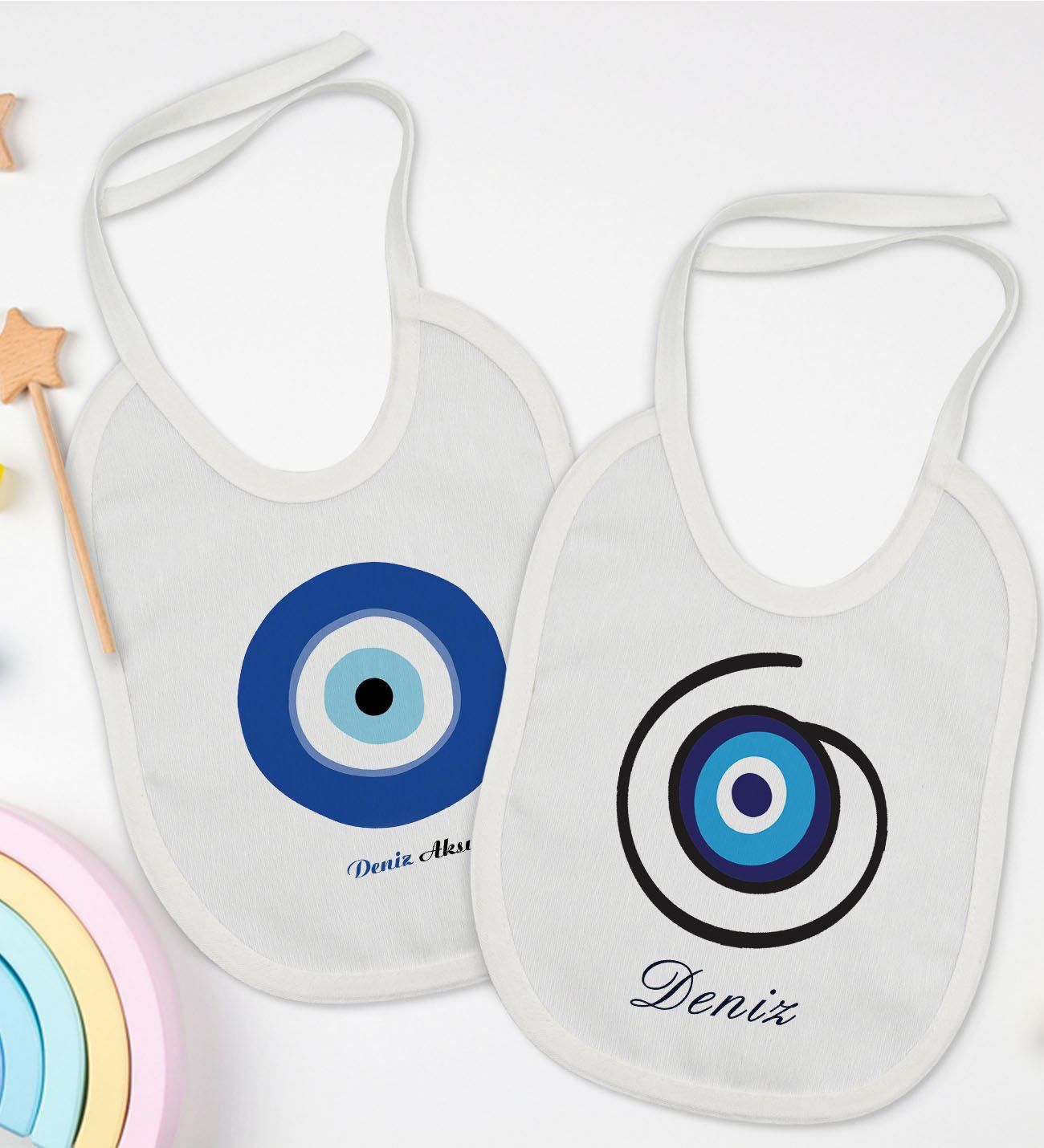 BK Kids Kişiye Özel Nazar Boncuğu Tasarımlı 2’li Beyaz Mama Önlüğü-1