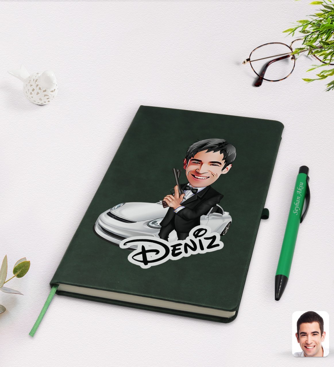 Kişiye Özel Erkek Ajan Karikatürlü Yeşil Termo Deri Defter Kalem Seti Model 1