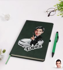 Kişiye Özel Erkek Ajan Karikatürlü Yeşil Termo Deri Defter Kalem Seti Model 1