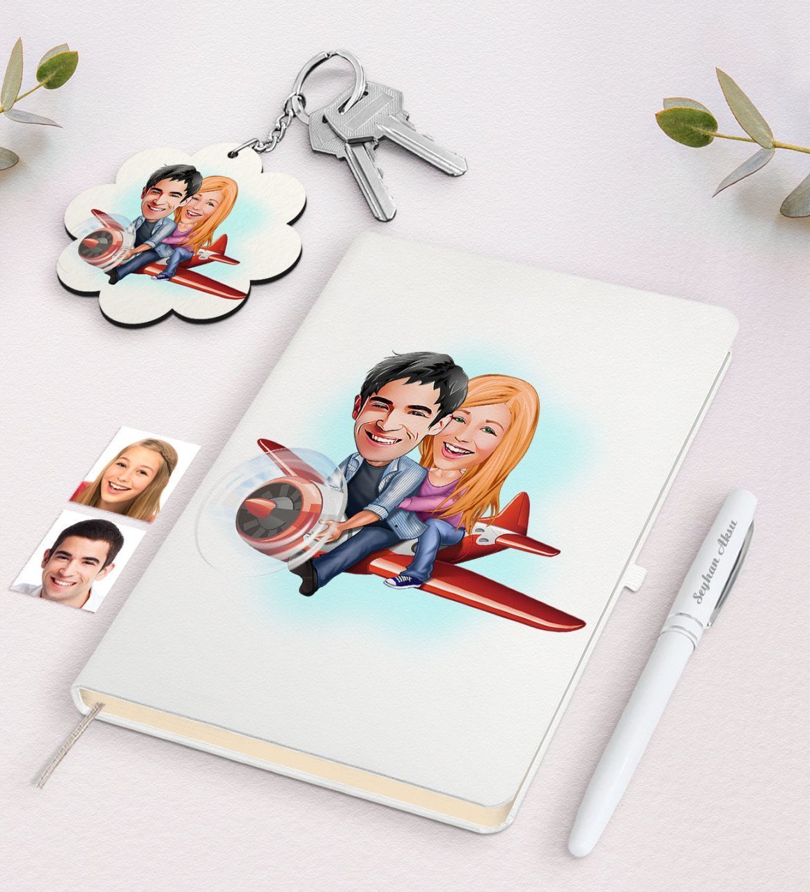 Kişiye Özel Sevgili Karikatürlü Beyaz Defter Kalem ve Anahtarlık Hediye Seti-11