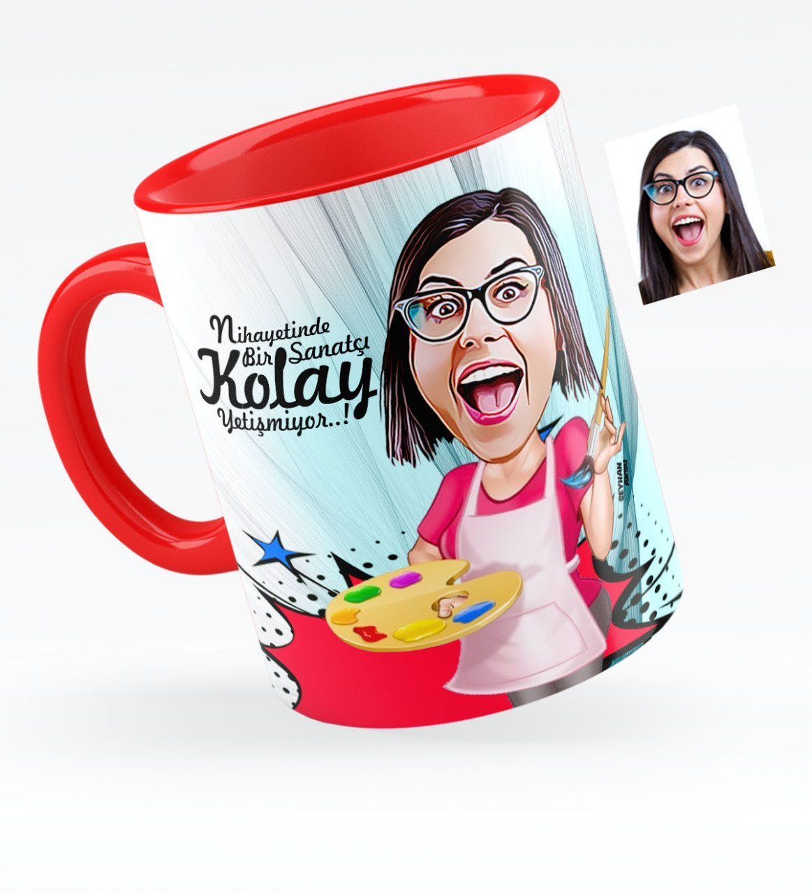 Kişiye Özel Bayan Ressam Karikatürlü Kırmızı Kupa Bardak - 1