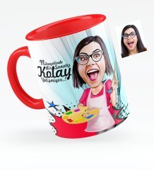 Kişiye Özel Bayan Ressam Karikatürlü Kırmızı Kupa Bardak - 1