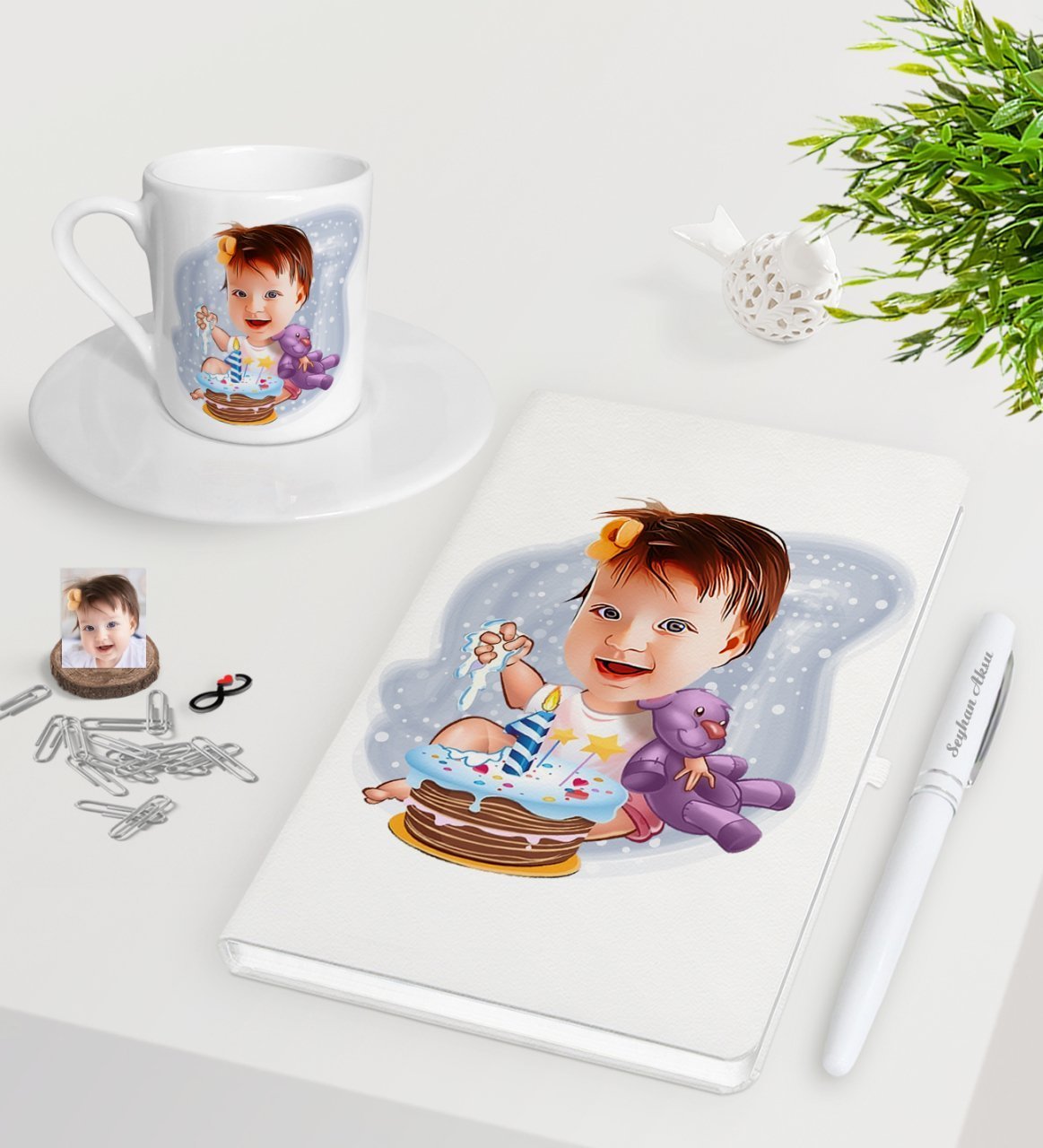 Kişiye Özel Bebek Doğum Günü Karikatürlü Beyaz Defter Kalem Türk Kahvesi Fincanı Seti-2