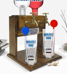 Kişiye Özel Renkli Baskılı Absolutely Vodka Tasarımlı İkili Vodka Bardağı ve Çift Musluklu Doğal Ahşap Vodka Standı-1