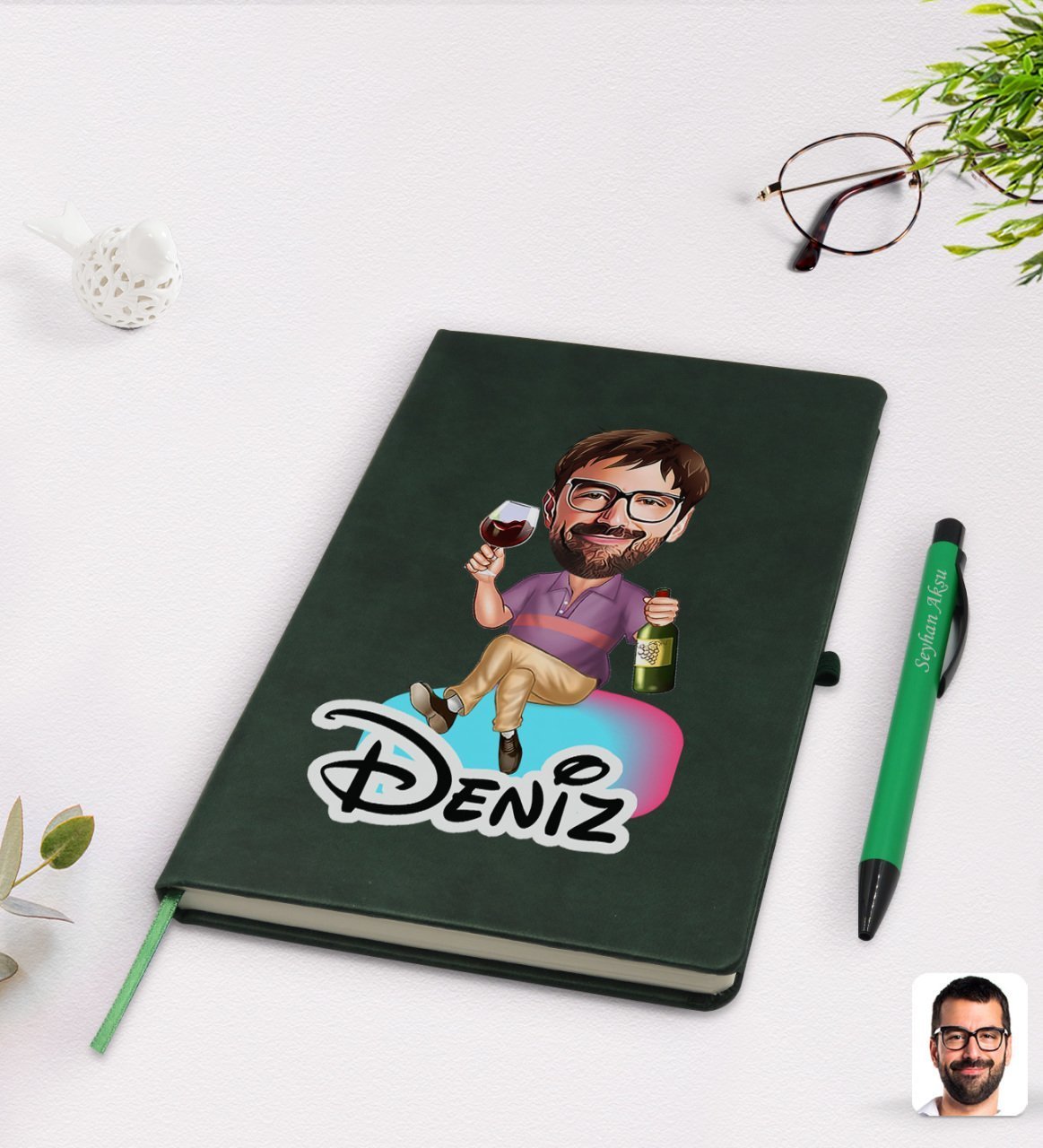 Kişiye Özel Erkek Karikatürlü Yeşil Termo Deri Defter Kalem Seti Model 2