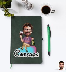 Kişiye Özel Erkek Karikatürlü Yeşil Termo Deri Defter Kalem Seti Model 2