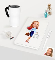 Kişiye Özel Bayan Avukat Karikatürlü Beyaz Defter Kalem ve Termos Mug Seti  - 3