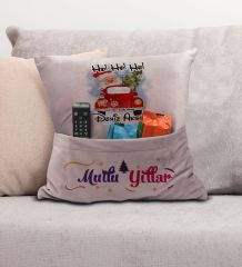 BK Gift Kişiye Özel Yılbaşı Tasarımlı Organizer Kumanda ve Atıştırmalık Cepli Pembe Kırlent Yastık, Yılbaşı Hediyesi- 8, Yeni Yıl Hediyeleri