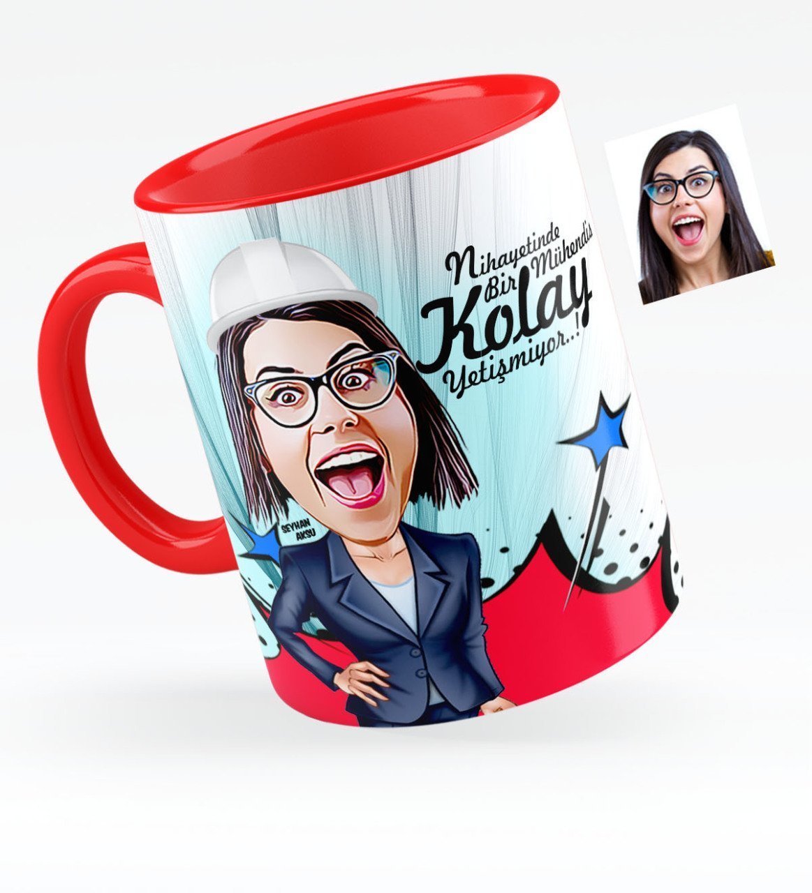 Kişiye Özel Bayan Mühendis Karikatürlü Kırmızı Kupa Bardak - 1