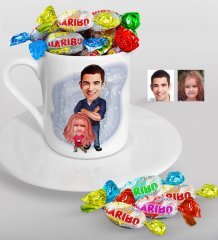 Kişiye Özel Baba-Kız Karikatürlü Türk Kahvesi Fincanı ve Haribo Şeker Hediye Seti-1