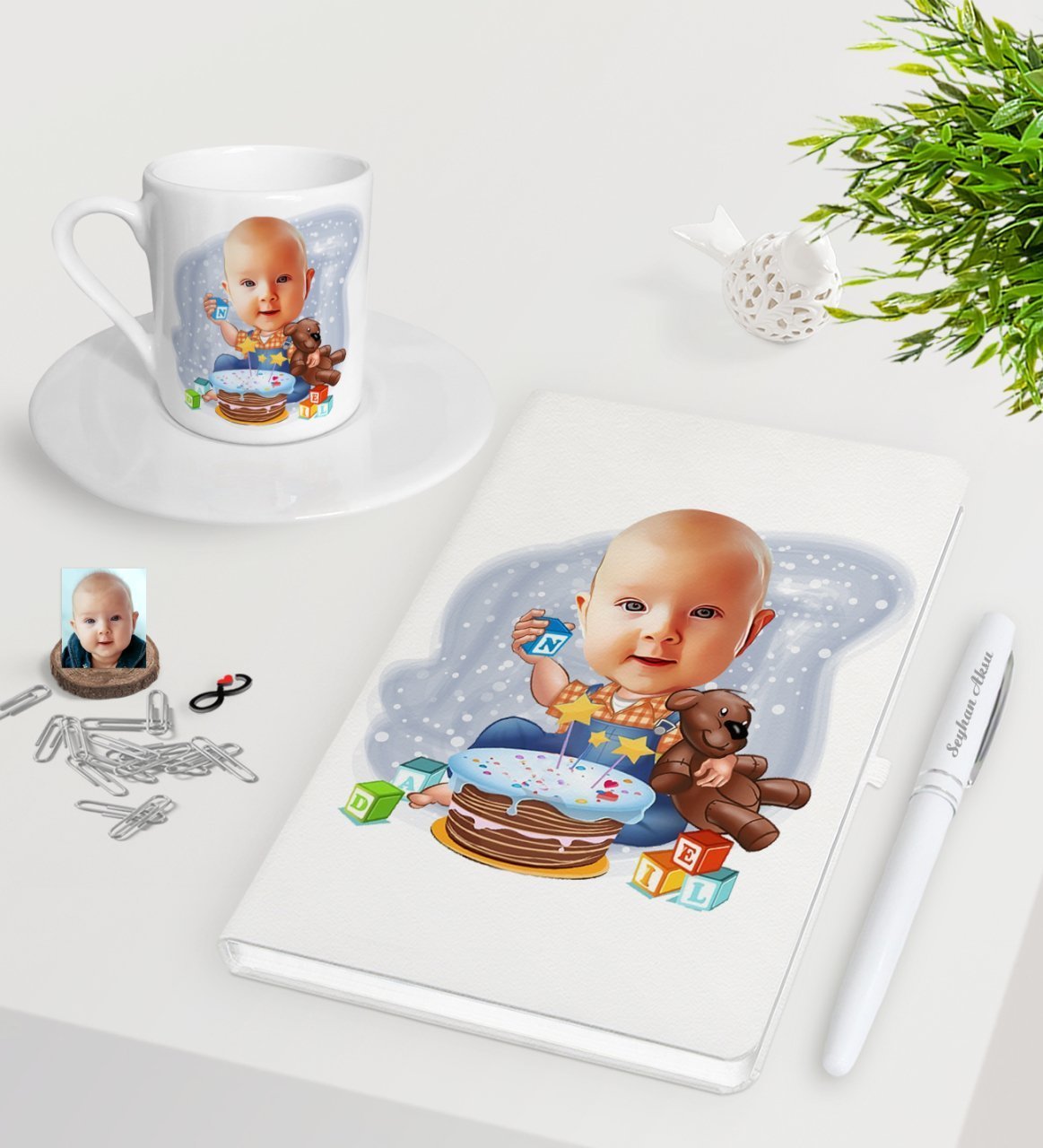Kişiye Özel Bebek Doğum Günü Karikatürlü Beyaz Defter Kalem Türk Kahvesi Fincanı Seti-1