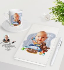 Kişiye Özel Bebek Doğum Günü Karikatürlü Beyaz Defter Kalem Türk Kahvesi Fincanı Seti-1