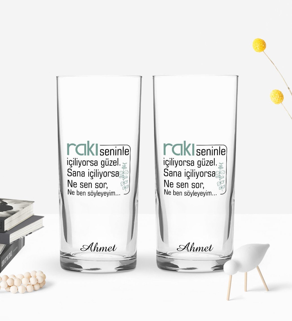 Kişiye Özel Renkli Baskılı Rakı Seninle Güzel Tasarımlı İkili Rakı Bardağı Seti-1