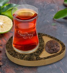 Kişiye Özel Retro Motif Tasarımlı Doğal Ahşap Tabaklı Heybeli Çay Bardağı Sunum Seti Model 16