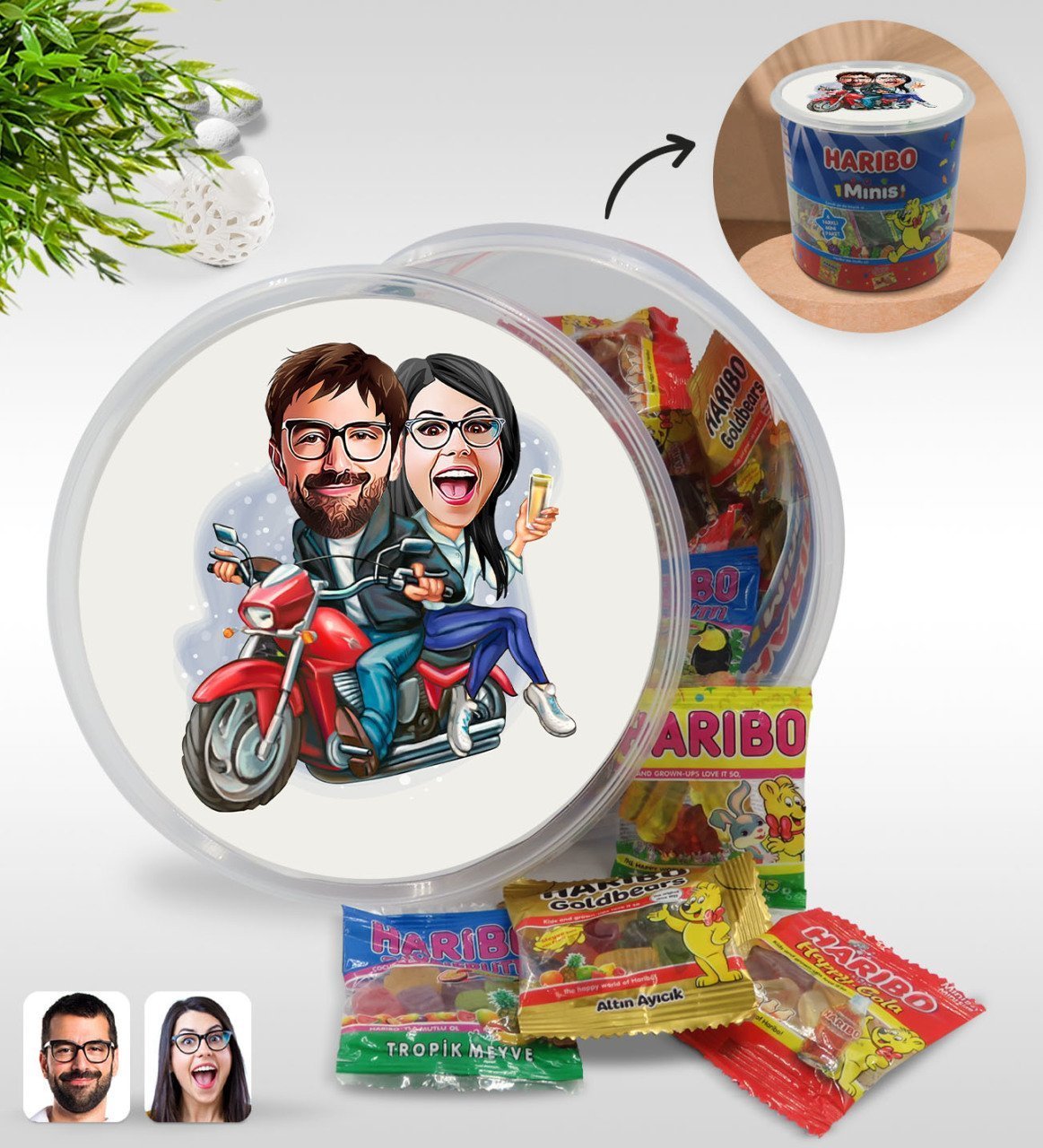 Kişiye Özel Sevgililer Karikatürlü Dev Boy Haribo Minis Kovası (10gx100adet) Model 97