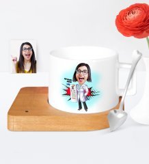 Kişiye Özel Göz Doktoru Karikatür Ahşap Altlıklı Seramik Fincan - 1