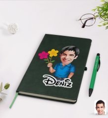 Kişiye Özel Erkek Karikatürlü Yeşil Termo Deri Defter Kalem Seti Model 1