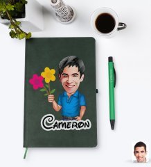 Kişiye Özel Erkek Karikatürlü Yeşil Termo Deri Defter Kalem Seti Model 1