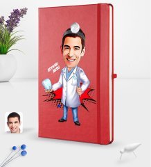 Kişiye Özel Erkek Diş Hekimi Karikatürlü Kırmızı Termo Deri Defter 16x24cm Model 3