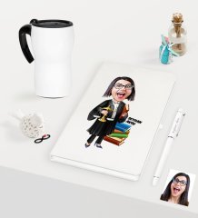 Kişiye Özel Bayan Avukat Karikatürlü Beyaz Defter Kalem ve Termos Mug Seti  - 2