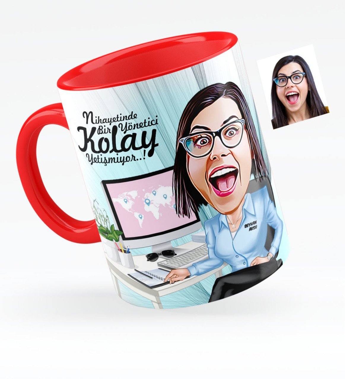 Kişiye Özel Bayan Genel Müdür Karikatürlü Kırmızı Kupa Bardak - 1