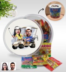 Kişiye Özel Sevgililer Karikatürlü Dev Boy Haribo Minis Kovası (10gx100adet) Model 96