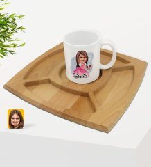 Kişiye Özel Kız Çocuk Prenses Karikatürlü Beyaz Kupa ve Doğal Masif Ahşap 4 Bölmeli Sunum Tabağı Çerezlik Hediye Seti-2