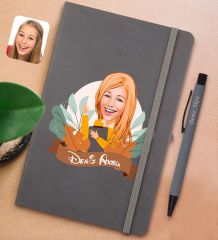 BK Gift Kişiye Özel Öğretmen Karikatürlü Gri Termo Deri Defter ve Metal Versatil Kalem(0,7 Kurşun) Hediye Seti-2
