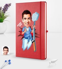 Kişiye Özel Erkek Diş Hekimi Karikatürlü Kırmızı Termo Deri Defter 16x24cm Model 2