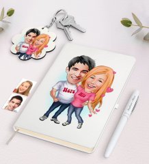 Kişiye Özel Sevgili Karikatürlü Beyaz Defter Kalem ve Anahtarlık Hediye Seti-5