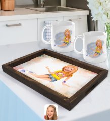 Kişiye Özel Kadın Karikatürlü Doğal Ahşap Tepsi ve 2’li Kupa Bardak Seti-42
