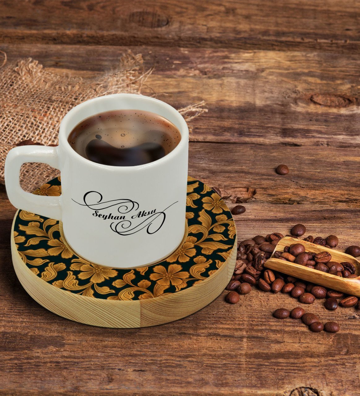 Kişiye Özel Retro Motif Tasarımlı Doğal Ahşap Tabaklı Türk Kahvesi Fincanı Model 15