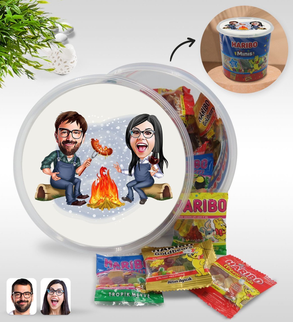 Kişiye Özel Sevgililer Karikatürlü Dev Boy Haribo Minis Kovası (10gx100adet) Model 95