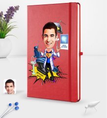 Kişiye Özel Erkek Diş Hekimi Karikatürlü Kırmızı Termo Deri Defter 16x24cm Model 1