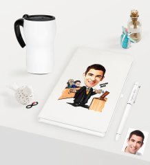 Kişiye Özel Bay Avukat Karikatürlü Beyaz Defter Kalem ve Termos Mug Seti  - 3