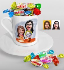 Kişiye Özel Anne-Kız Karikatürlü Türk Kahvesi Fincanı ve Haribo Şeker Hediye Seti-2