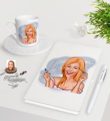 Kişiye Özel Bayan Karikatürlü Beyaz Defter Kalem Türk Kahvesi Fincanı Seti-21
