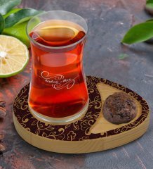 Kişiye Özel Retro Motif Tasarımlı Doğal Ahşap Tabaklı Heybeli Çay Bardağı Sunum Seti Model 13