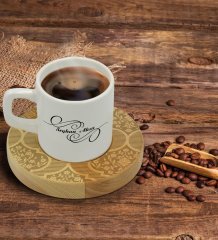 Kişiye Özel Retro Motif Tasarımlı Doğal Ahşap Tabaklı Türk Kahvesi Fincanı Model 14