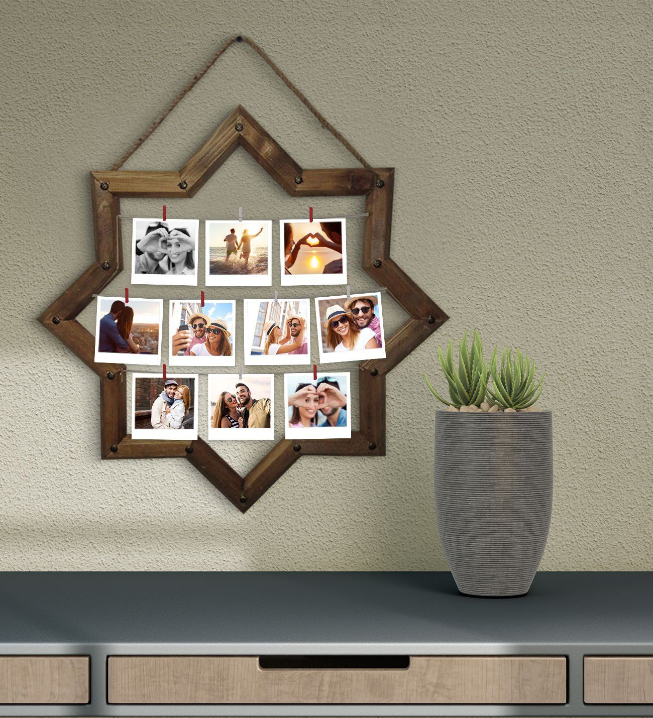 BK Gift Kişiye Özel 10 Fotoğraflı Doğal İpli Mandallı Yıldız Ahşap Çerçeve