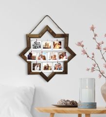 BK Gift Kişiye Özel 10 Fotoğraflı Doğal İpli Mandallı Yıldız Ahşap Çerçeve