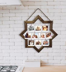BK Gift Kişiye Özel 10 Fotoğraflı Doğal İpli Mandallı Yıldız Ahşap Çerçeve