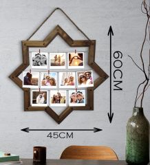 BK Gift Kişiye Özel 10 Fotoğraflı Doğal İpli Mandallı Yıldız Ahşap Çerçeve