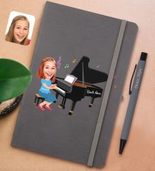 BK Gift Kişiye Özel Müzik Öğretmeni Karikatürlü Gri Termo Deri Defter ve Metal Versatil Kalem(0,7 Kurşun) Hediye Seti-2