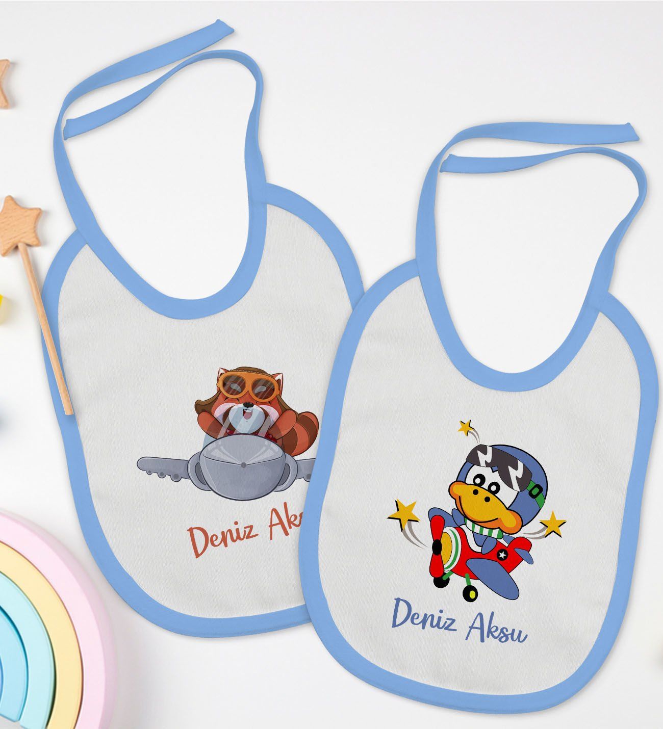 BK Kids Kişiye Özel Sevimli Pilot Tasarımlı 2’li Mavi Mama Önlüğü-1