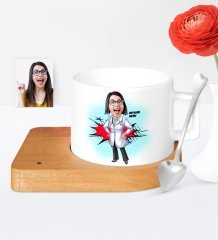 Kişiye Özel Doktor Karikatür Ahşap Altlıklı Seramik Fincan - 2