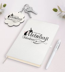 Kişiye Özel Metalurji Teknikeri Beyaz Defter Kalem ve Anahtarlık Hediye Seti