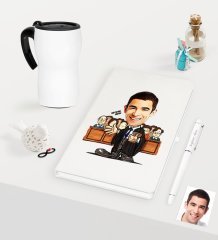 Kişiye Özel Bay Avukat Karikatürlü Beyaz Defter Kalem ve Termos Mug Seti  - 2