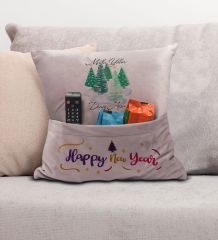 BK Gift Kişiye Özel Yılbaşı Tasarımlı Organizer Kumanda ve Atıştırmalık Cepli Pembe Kırlent Yastık, Yılbaşı Hediyesi- 4, Yeni Yıl Hediyeleri
