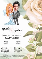 Kişiye Özel Karikatürlü Bitmeyen Düğün Davetiyesi Model 5